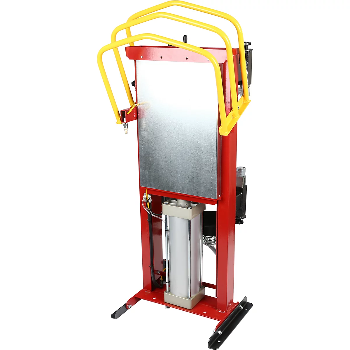 Rote Hebevorrichtung mit gelbem Schutzbügel. Silberne Platte in der Mitte, zylindrische Bauteile unten.